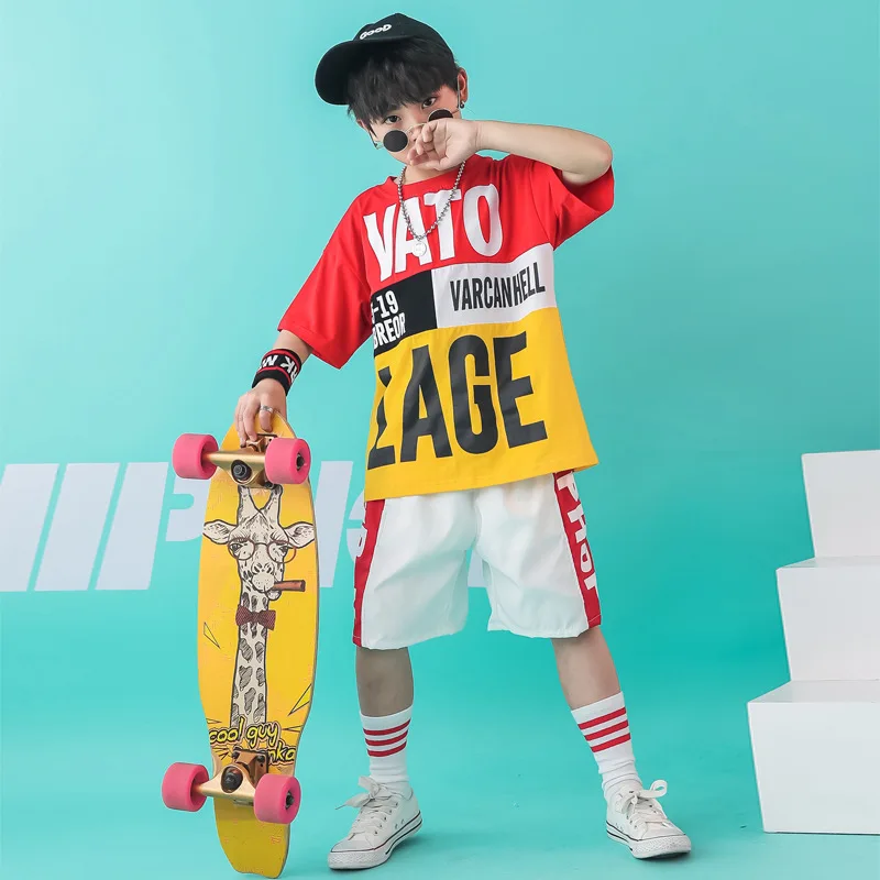 

Summer Children jie wu fu Korean-style Fashion-Men And Women Child Hip Hop Hiphop Mixed Colors Short Sleeve Shorts Costume Set