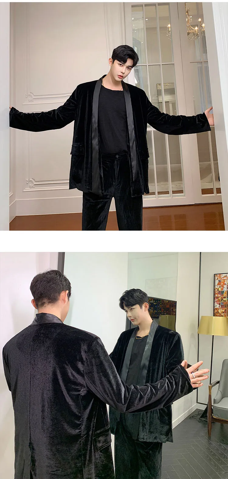 Male Vintage Fashion Streetwear Hip Hop Loose Casual Velvet Cardigan Blazer Suit Jacket Men 2PCS Suits Sets(jacket+pants