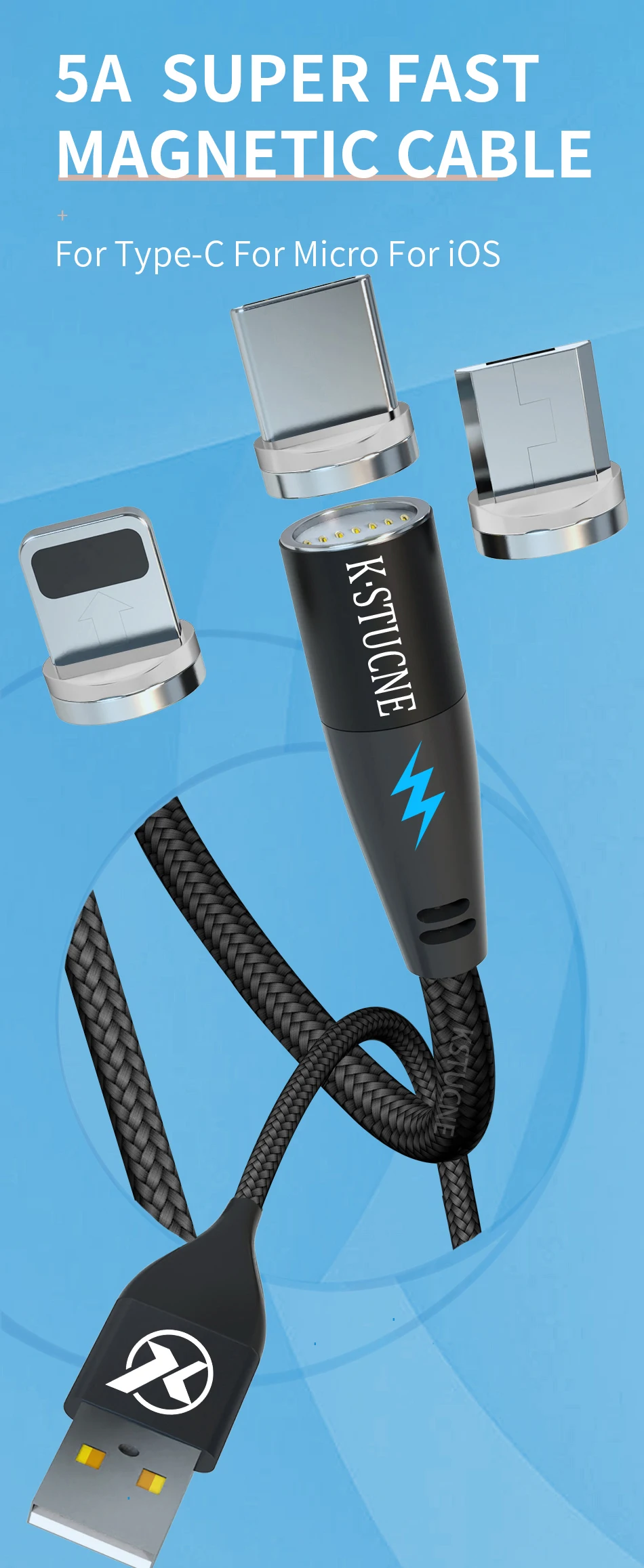 Câble Téléphone,câble Magnétique USB LED Micro Et Type C Pour Recharge Et éclairage Lumineux