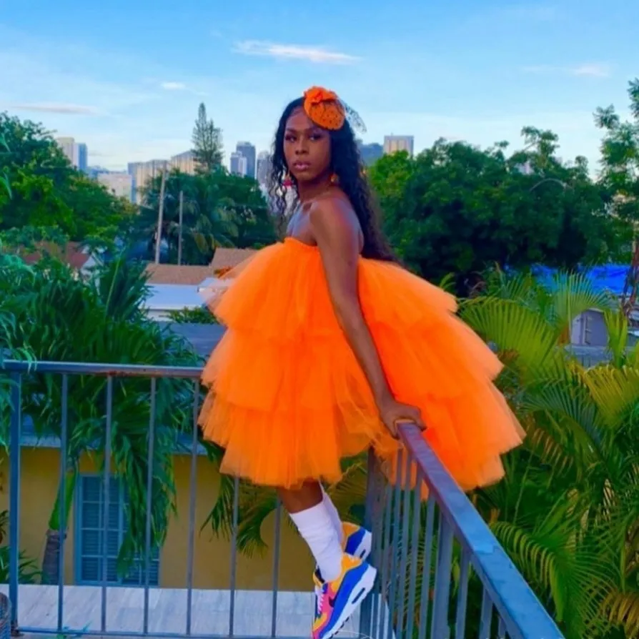 Vibrant Short Party Dresses Ruffled Trendy Orange Tulle Formal Dress Tiered Front Back Long Extra Puffy Prom Gowns | Женская одежда