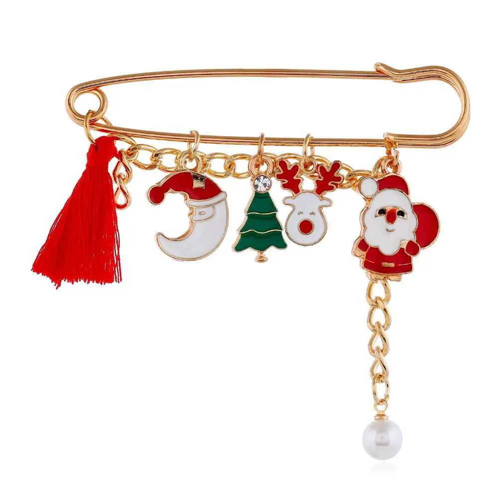 

Christmas Decorations Badges Gifts Tassels Snowman Christmas Tree Bell Glove Elk With Chain Overcoat New Year Pendant Brooch 1PC