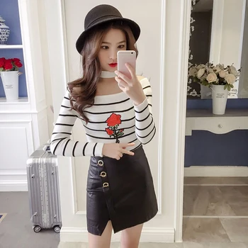 

Womens Embroidery Flower Slim Sweaters Slash Neck Striped Pullovers
