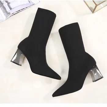 

knitted short boots, socks and boots, electroplated thick heel medium tube women's Martin boots, fashion elastic boots