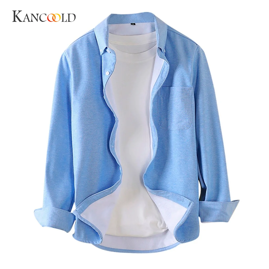 KANCOOLD, мужские повседневные рубашки, утолщенные, одноцветные, обычные, однобортные, теплые, мужские рубашки с длинным рукавом, высокое качество, Dec18