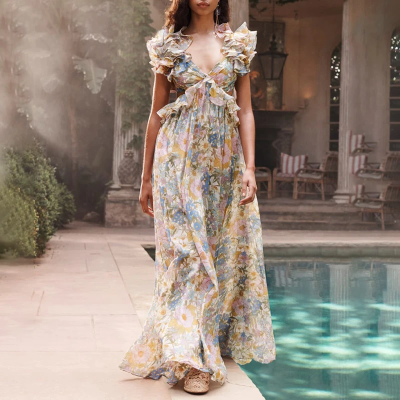 

Patchwork Ruffle Print Dresses Female V Neck Tank Sleeve High Waist Ruched Women's Dress Fashion Sleeveless Long Party Dresses