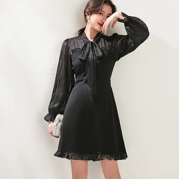 

2020 Spring New Women's A-line Skirt French Elegant Temperament Bow Ruffle Long Sleeve Slim Dress