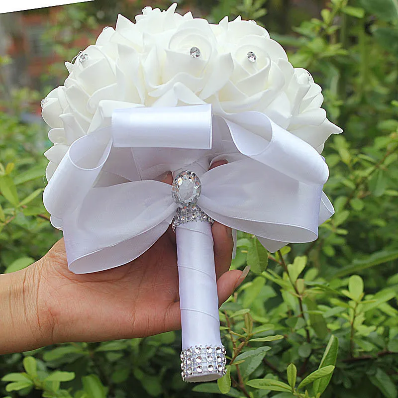perfectlifeoh Wedding Bridal Bouquet Artificial Flower PE Foam Roses With Faux Crystal Rhinestone Ribbons for Party Church Decor wedding bouquets artificial rose flowers