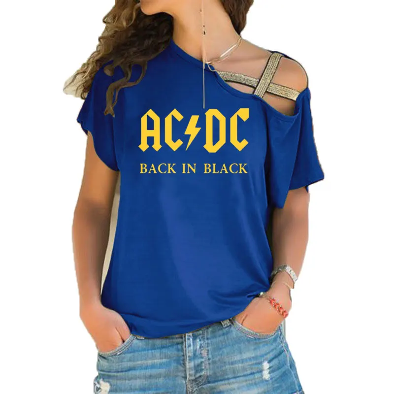 Группа ACDC футболка в стиле рок женские ACDC с буквенным принтом футболки хип хоп Рэп музыка асимметричное, с короткими рукавами Skew Крест повязки топы тройник - Цвет: 10