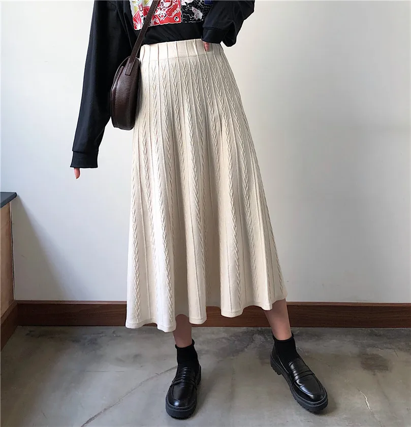 Винтажная трикотажная Повседневная Длинная юбка миди Женская высокая талия зима осень теплая трикотажная плиссированная юбка в рубчик средней длины эластичная юбка