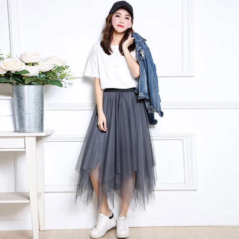 

Summer Elastic High Waist Mesh Skirt Woemn Pleated Solid Color Mid-Calf Skirts Lady Casual Bottoms Black Gray