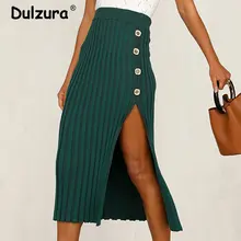 Сексуальная трикотажная юбка с разрезом сбоку для женщин, осень, элегантные юбки с высокой талией и пуговицами, повседневные Облегающие юбки до середины икры, Vestido для женщин