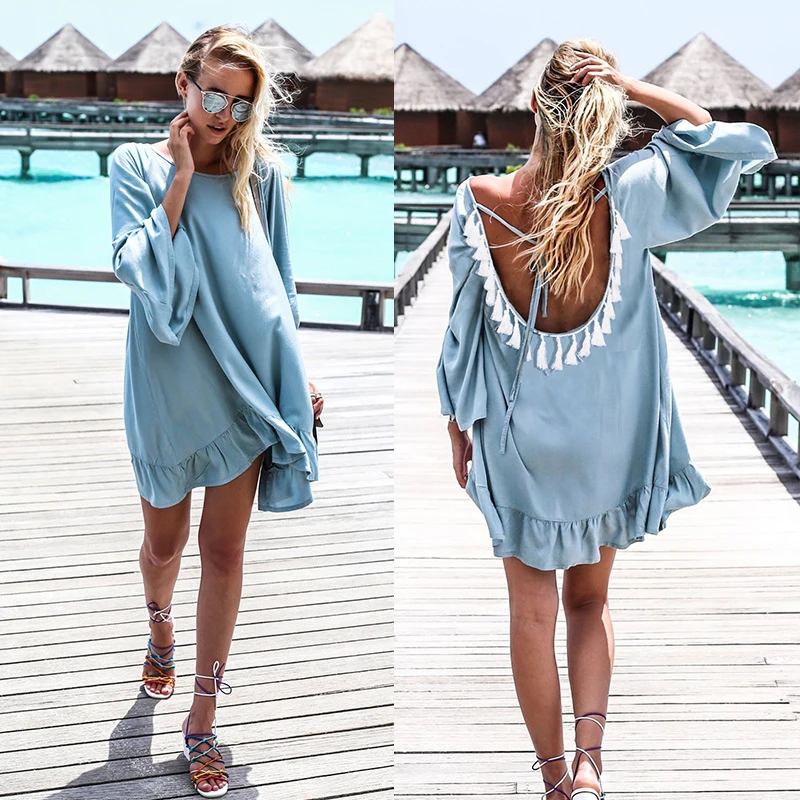 Beach Cover Up Women Plus Size Beachwear Sexy Open Back Summer Beach Dress vestido de playa Blue Cotton Tunic pareo plage A341