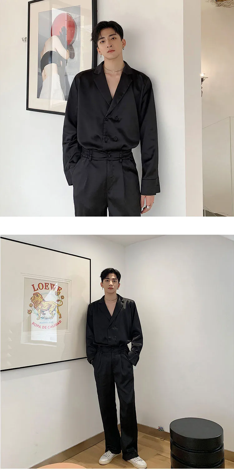 Vintage Fashion Long Sleeve Loose Casual Shirt Style Suit Jacke Men 2PCS Sets(shirt+pants) Male Streetwear Wide Leg Trousers