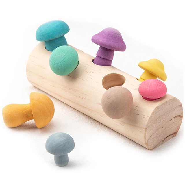 Wooden Rainbow Blocks Mushroom Picking Game Montessori Educational Wooden Baby Toys Developmental Shape Matching Assembly Grasp 1