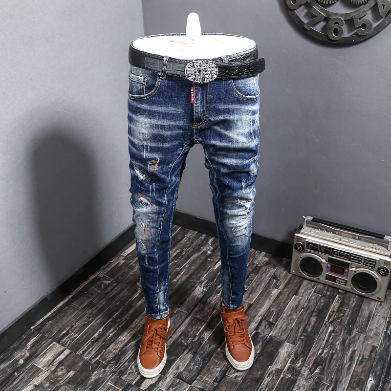 

Fashion Streetwear Men Jeans Retro Blue Elastic Slim Fit Ripped Jeans High Quality Spliced Designer Hip Hop Biker Pants Hombre