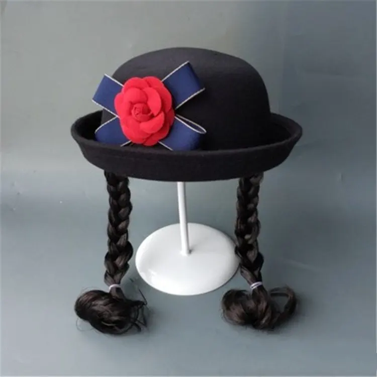 Girls Top Hat Japanese Style Wigs Lovely Flowers Autumn Winter Warm Birthday Party Performance Casual High Quality Child Hats - Color: black flower