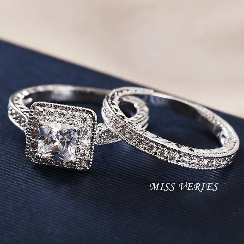 Потрясающие кольца набор серебро 925-й пробы кубический цирконий; для помолвки обручальные кольца для женщин превосходные Свадебные украшения с сертификатом