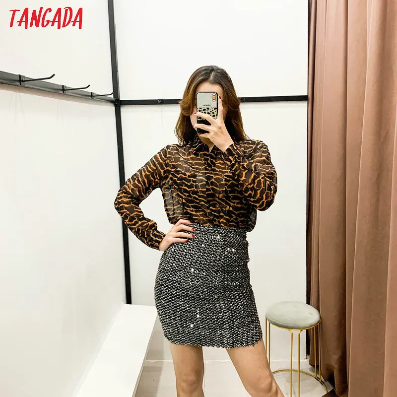 Tangada Женская Ретро леопардовая шифоновая блузка с животным принтом с длинным рукавом шикарная Женская Повседневная Свободная рубашка blusas femininas XN303