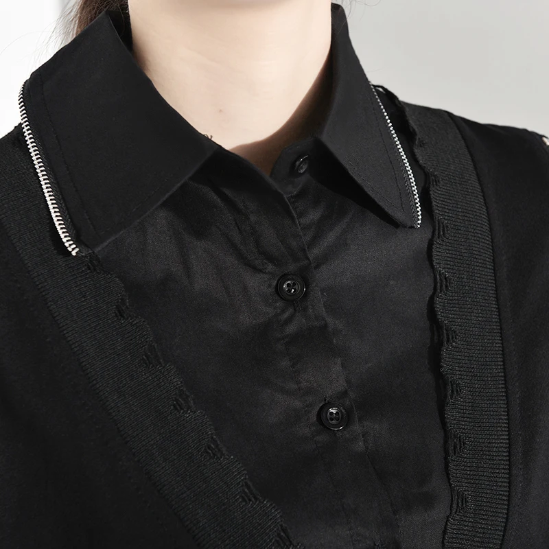 [EAM] женское черное трикотажное платье на молнии большого размера, новинка, с отворотами, с длинным рукавом, свободный крой, мода, весна-осень, 1B1940
