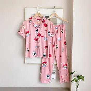 

Women Pijamas Set 2 Piece Set Female Sleep Satin Pijama Pajamas Suit Homewear Pyjamas Short Sleeve pants Sleepwear