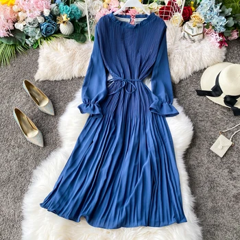 

Vintage 2020 Spring Summer Midi Long Pleated Dress Vestido de festa Party Women evening elegant tie high waist tunic Dress