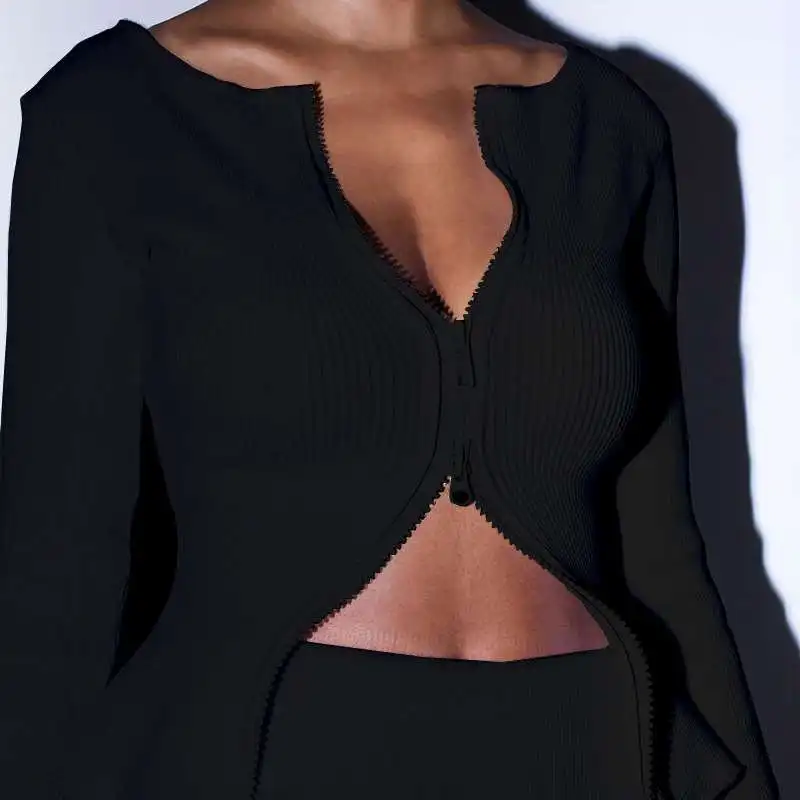 Белый черный кардиган Мода американская уличная двойная молния свитер трикотажные колготки короткие укороченные топы Женский свитер