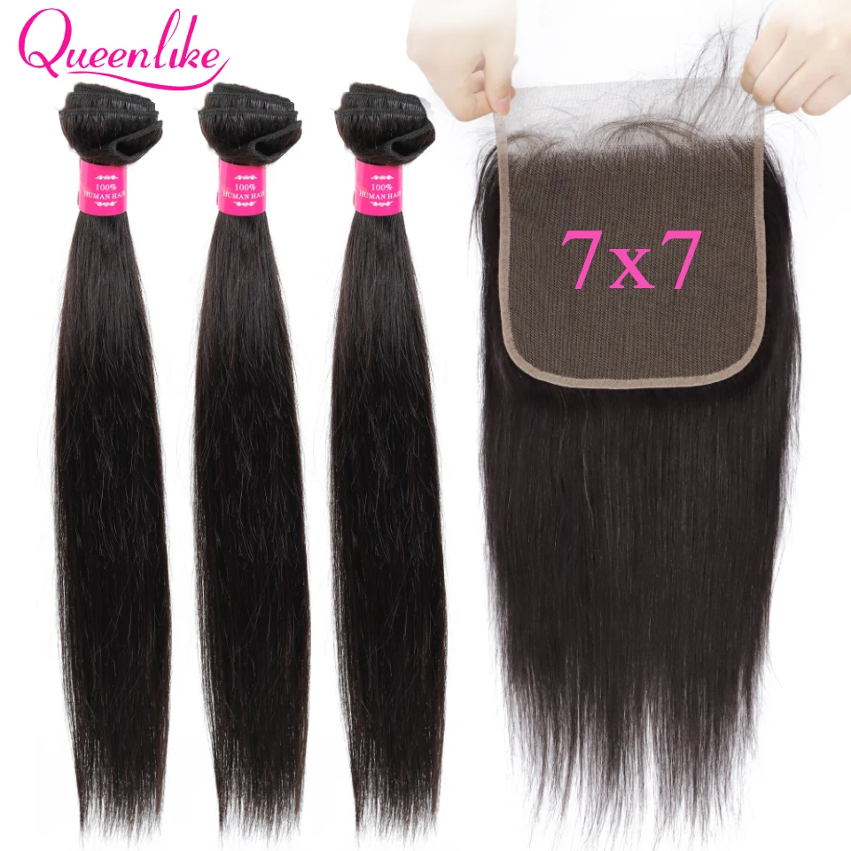 

7x7 Lace Closure With Human Hair Bundles Queenlike Non Remy Weaving Big Lace 3 4 Brazilian Straight Hair Bundles With Closure