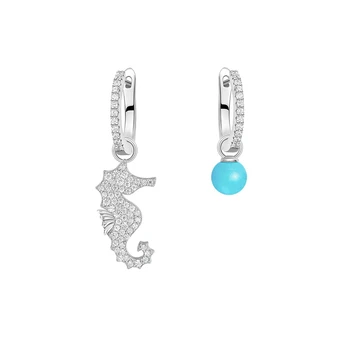 

Asymmetry 925 Sterling Silver Seahorse Hoop Drop Earring Paved AAA Zircon Turquoise Beads Women Fine Animal Wedding Jewelry
