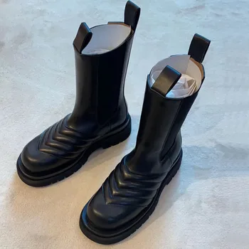 

Chelsea Boots Women Platfrom Botas Mujer Gladiator Boots Pleated Slip on Bota Feminina New Brand Boots Ladies Round Toe Botas