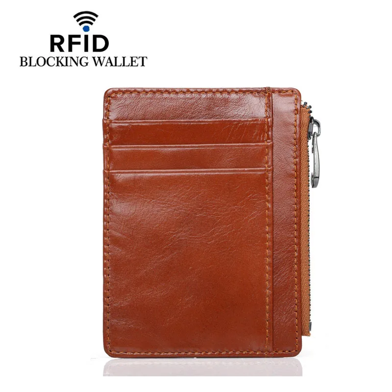 

New Men Genuine Leather Zipper Slim Wallet Coin Purse Credit Card Cash Holder Case RFID Blocking Cowhide Luxury Wallet Cards Bag