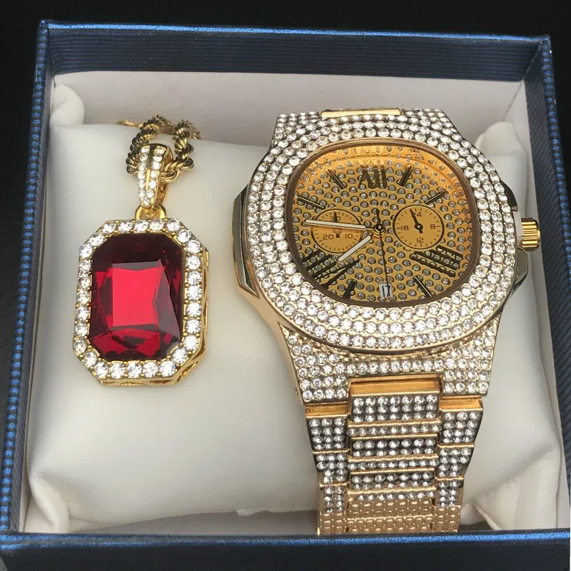 Белый Роскошные мужские бриллиантовые золотые часы хип-хоп Iced Out кубинские часы с бриллиантами и красным Рубином ожерелье и кольцо комбинированный набор рэпер мужские ювелирные изделия - Цвет: Белый