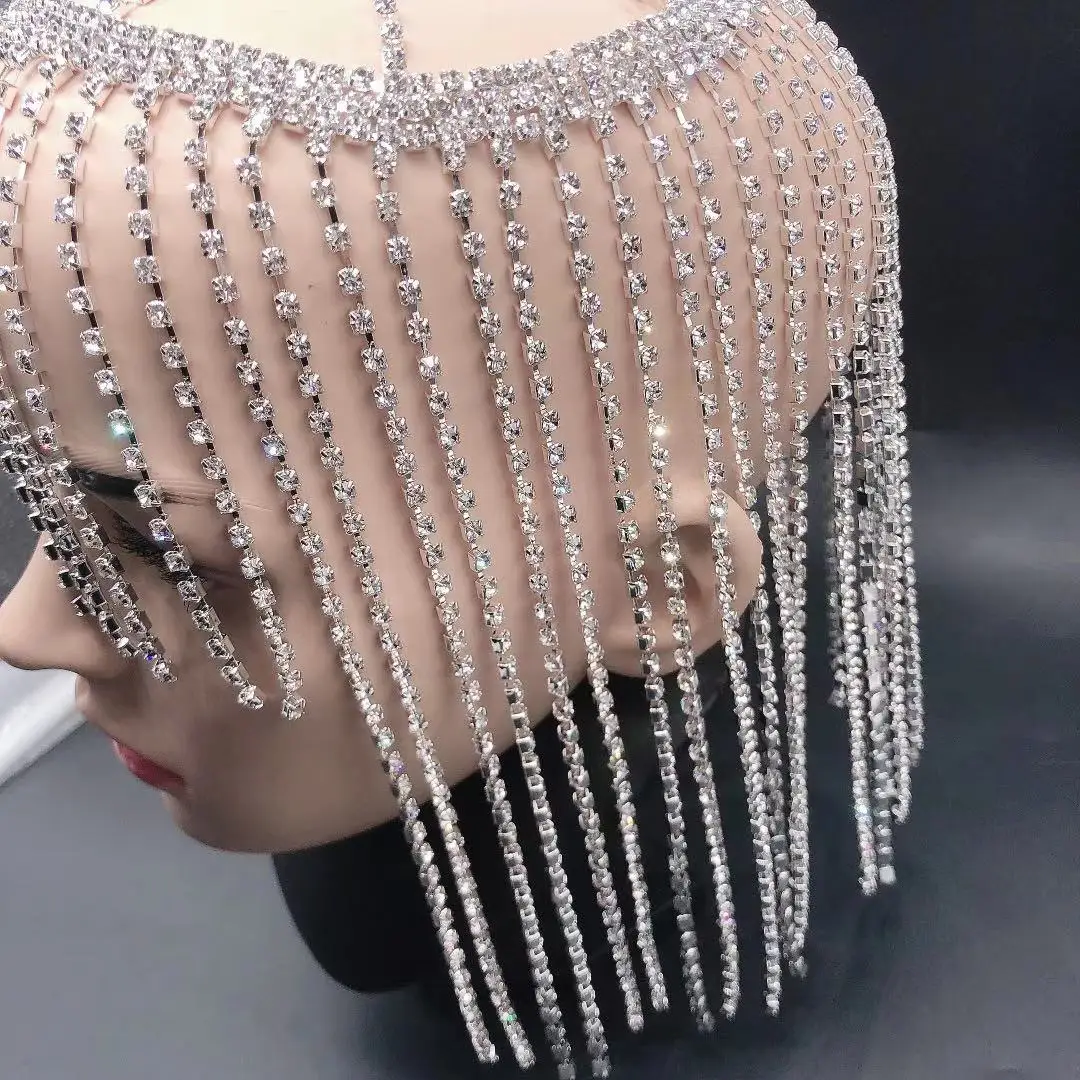 Fashion luxury shining Rhinestone Crystal forehead headdress tassel hairdress lady handmade hat crystal headdress Wedding Jewelr