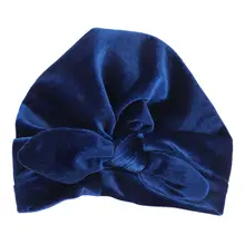 Шапка-тюрбан из плюшевой ткани для новорожденных и малышей, одноцветная Шапка-бини с завязками и рюшами, Эластичный Бант для головы с заячьими ушками 517D