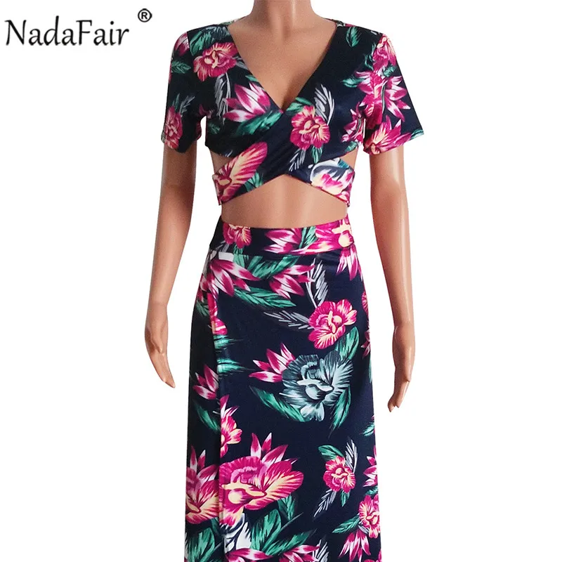 Женское летнее пляжное платье Nadafair с v-образным вырезом и перекрестной повязкой, сексуальное открытое платье с коротким рукавом в стиле бохо, женские комплекты из 2 предметов