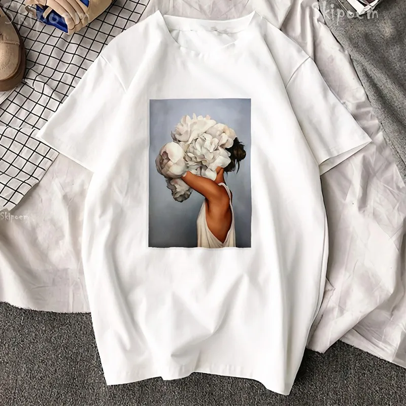 

Cotton Harajuku Tshirt Aesthetics Sexy Flower Feather Print Short Sleeve Tops Tees Fashion Casual Unisex Couple T Shirt Big Size