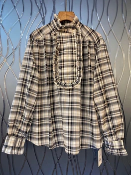 

2020 Early Autumn New Women's Wooden Ear Irregular Stitching Decorations Plaid Stand Collar Long-Sleeved Shirt 815