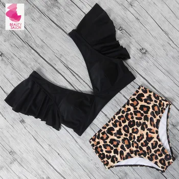 

Ruffle Bikini Set Women High Waist Bathing Suit Hem Swimsuit V-neck Floral Print Beachwear Female Leopard Swimwear Biquinis
