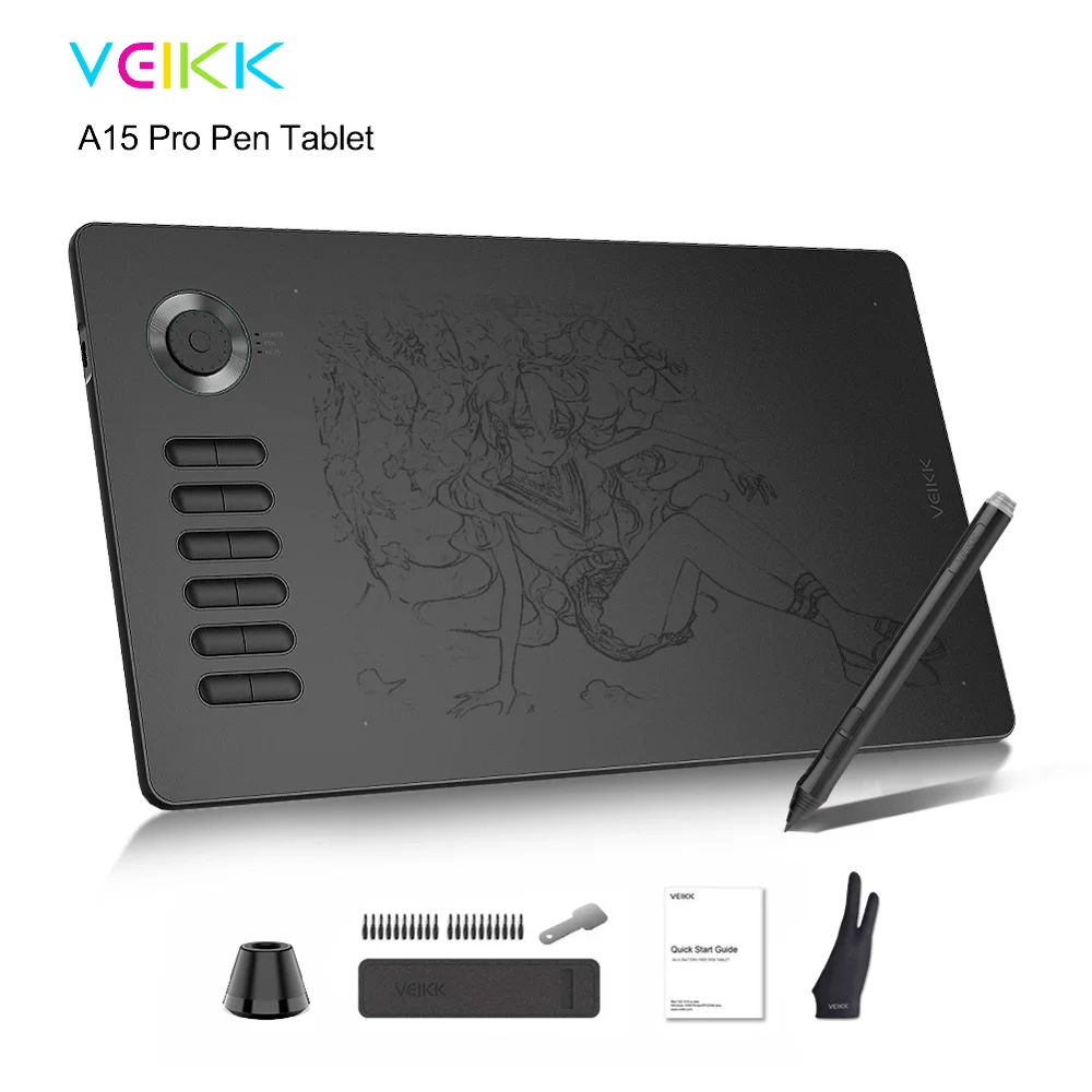 VEIKK A15 Pro цифровой планшет для рисования 10x6 дюймов графический планшет 12 клавиш и колесо прокрутки с перчаткой красный, синий, золотой, серый - Цвет: Серый