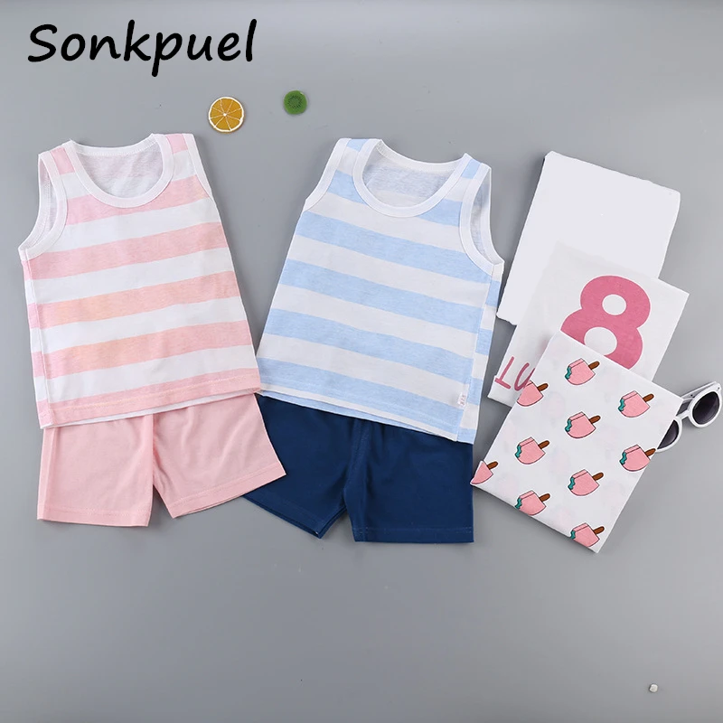 Summer Kids Boys Girls Clothes Set Pure Cotton Vest Sleeveless Tops+Shorts Sets Children Boy Waistcoats 2Pcs Cartoon Vests Suits | Детская