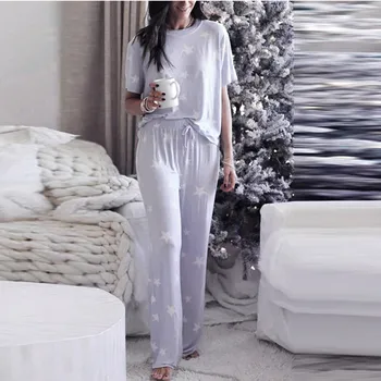 

Summer Pajamas Set Women Comfortable Cotton Printing Pajamas Short Sleeve Tops With Long Trousers Ladies Pajama Set Mujer #z