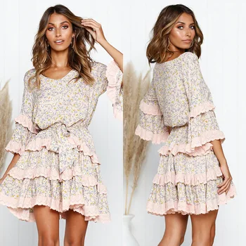

BGW HT5713 Tiered Chiffon Lace Cocktail Dresses Three Quarter Sleeve Mini Gown Floral Print Robe De Cocktail Longue Pour Mariage