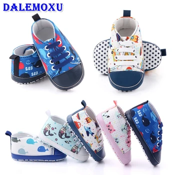 

DALEMOXU Baby Shoes Newborn Boys Girls Cartoon Pattern Kids Toddlers Canvas Lace Up Soft Soles Casual Sneakers For 1 Year Old