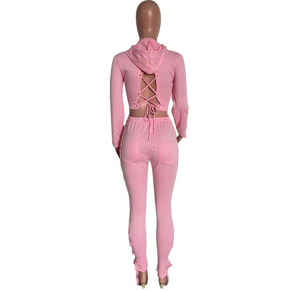 pink pant suit Ronikasha Women Sexy Two Piece Sets Back Cross Lace Up Hoodie Top and Drawstring Hollow Out Pants Set evening pant suits