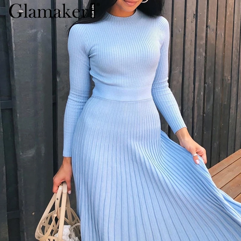 Синий Glamaker трикотажное сексуальное Плиссированное облегающее платье для вечеринки, женское элегантное платье-свитер макси, женское осенне-зимнее теплое платье с длинным рукавом - Цвет: Синий