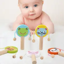 Lovely Baby Cartoon Animal Wooden Handheld Musical Rattle Drum Shaker Instrument Early Educational Toy