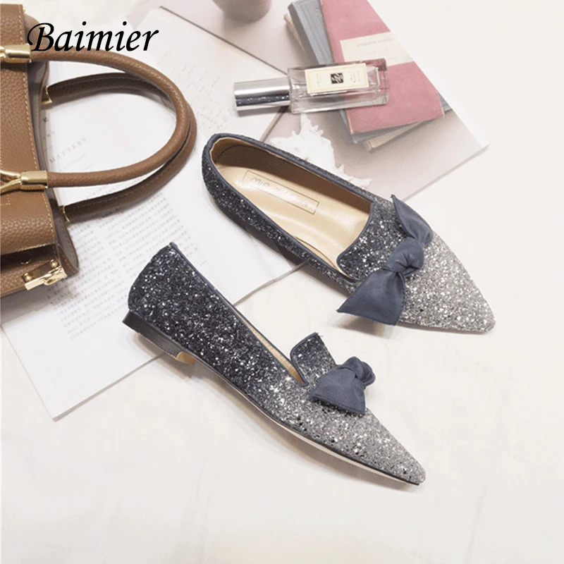 

Sequined Cloth Bling Dancing Shoes Ballet Comfortable Loafers Autumn Pointed Toe Slip-on No Heel Flats Black Bow Flats woman