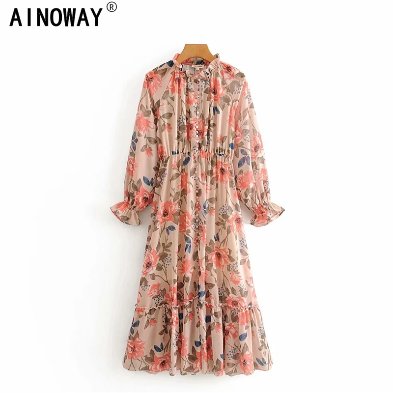Женское винтажное шифоновое платье с цветочным принтом длинным рукавом и V