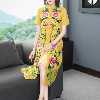 

cheongsam Modern Women Embroidery Floral Qipao Dress Female Summer Pretty Loose Vintage Chinese Dress