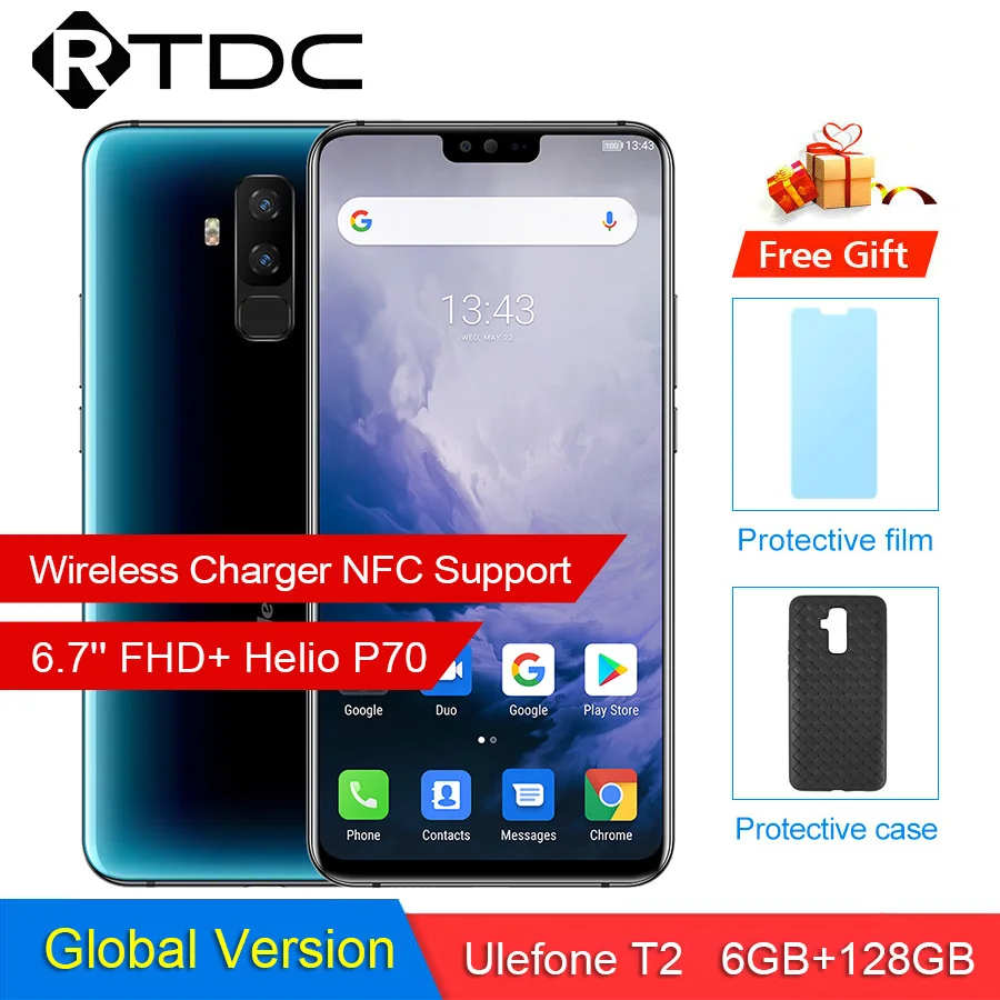 

Ulefone T2 Dual 4G Smartphone 6.7'' FHD+ Helio P70 6GB+128GB Android 9.0 16MP+8MP 4200mhA Cellphone NFC Wireless Charging