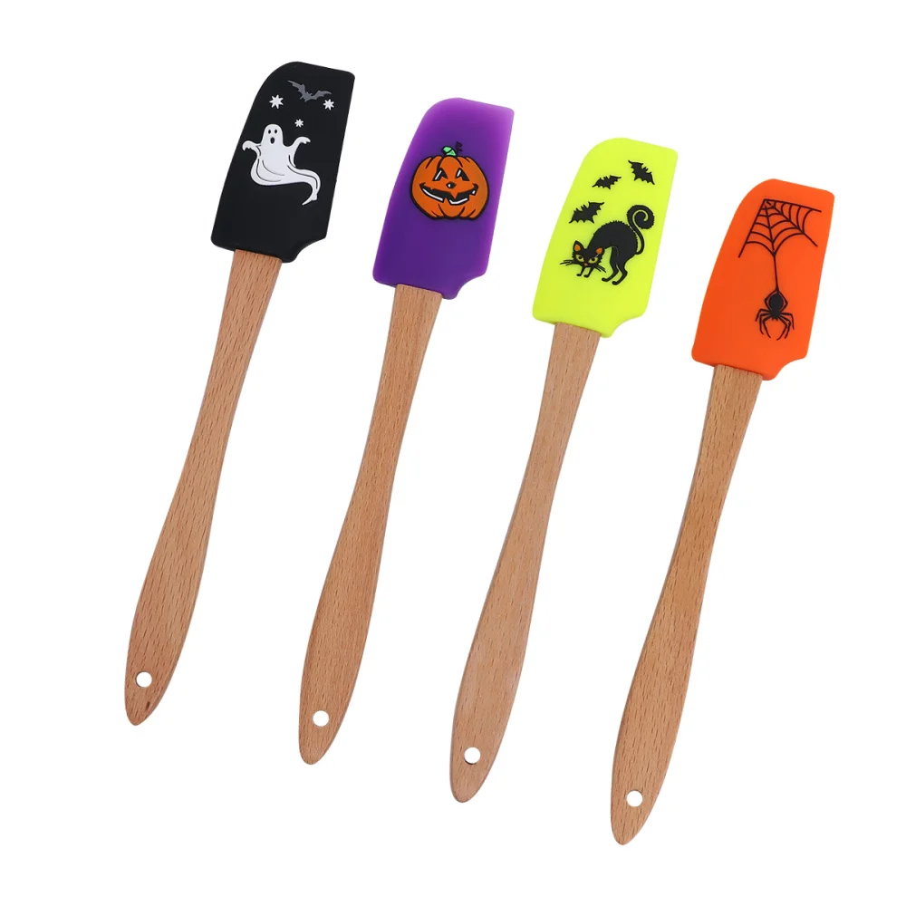 4pcs Halloween Wooden Handle Silicone Scraper Cream Spatula Baking Gadget Baking Supplies Kitchen Utensil for Home Bakery